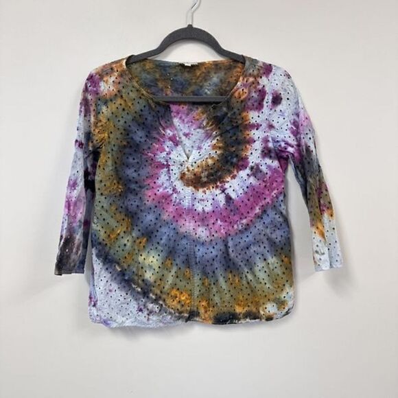 Talbots Eyelet Rainbow Tie Dye 100% Cotton Blouse - Picture 8 of 13